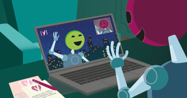 Illustration of two people talking and waving at each other via an online tool