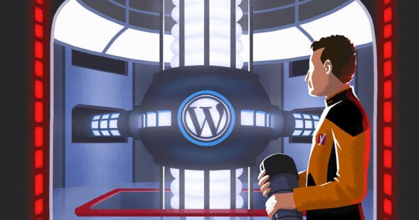 Illustration of someone in a Yoast uniform looking at a machine with the WordPress logo on it