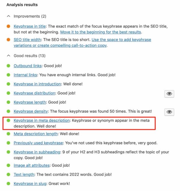 keyphrase in meta description check in Yoast SEO