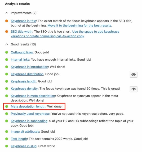 Meta description length check in Yoast SEO