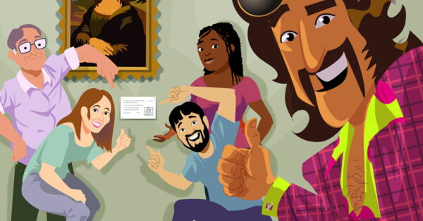 Illustration of people pointing at the sign under a painting