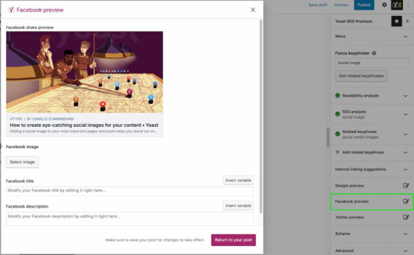Facebook preview in Yoast SEO Premium