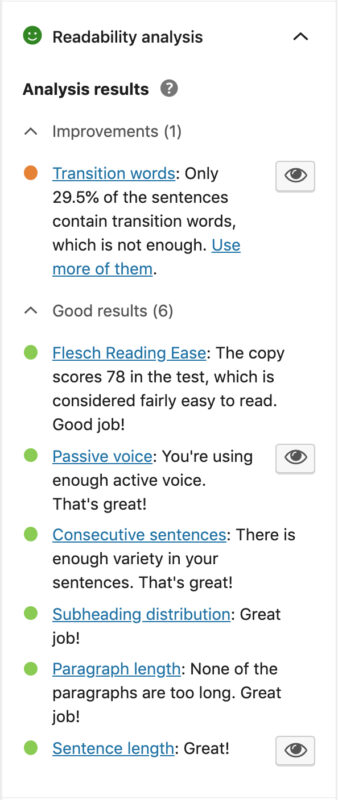 readability analysis in the yoast sidebar