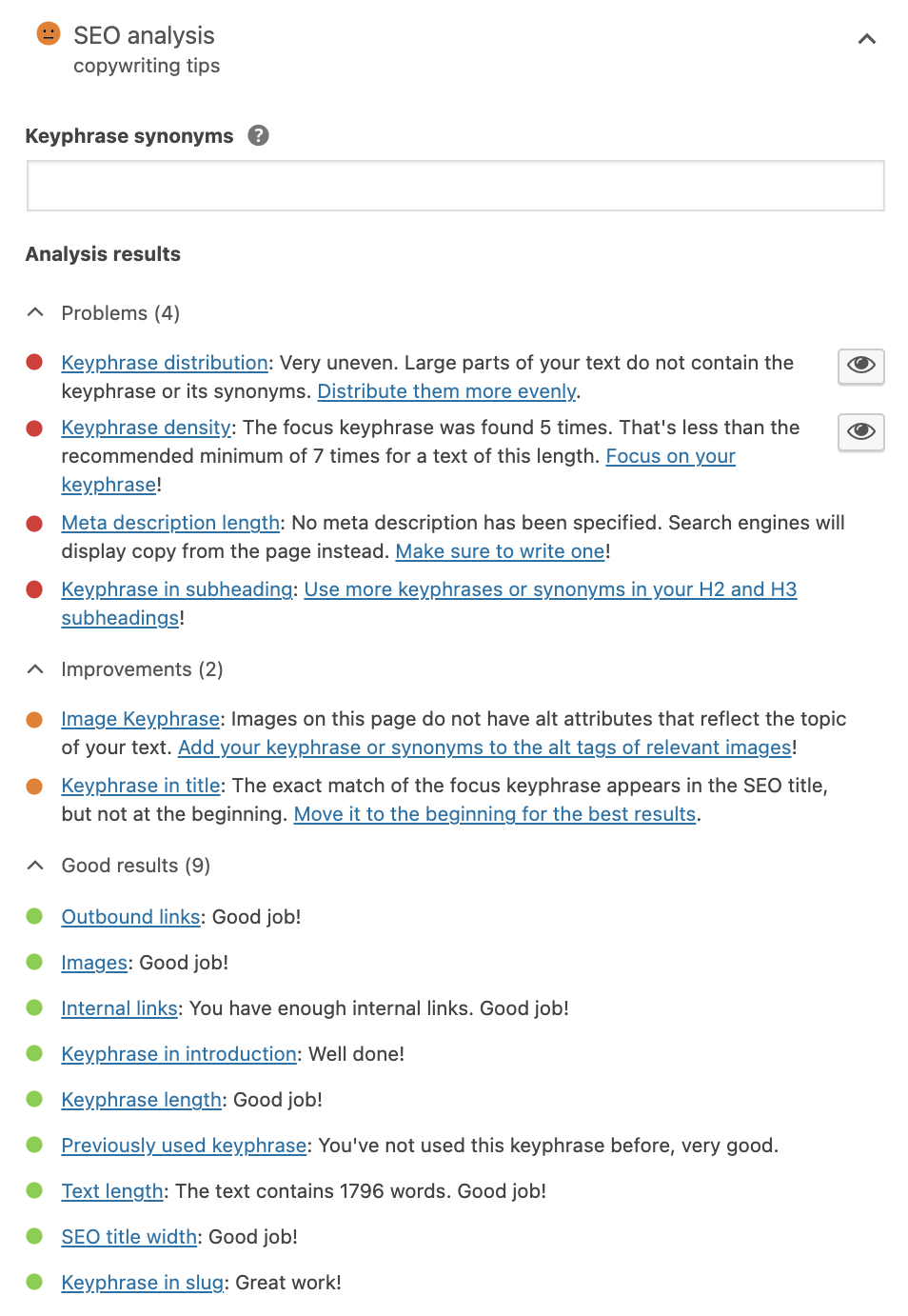 the SEO analysis in Yoast SEO